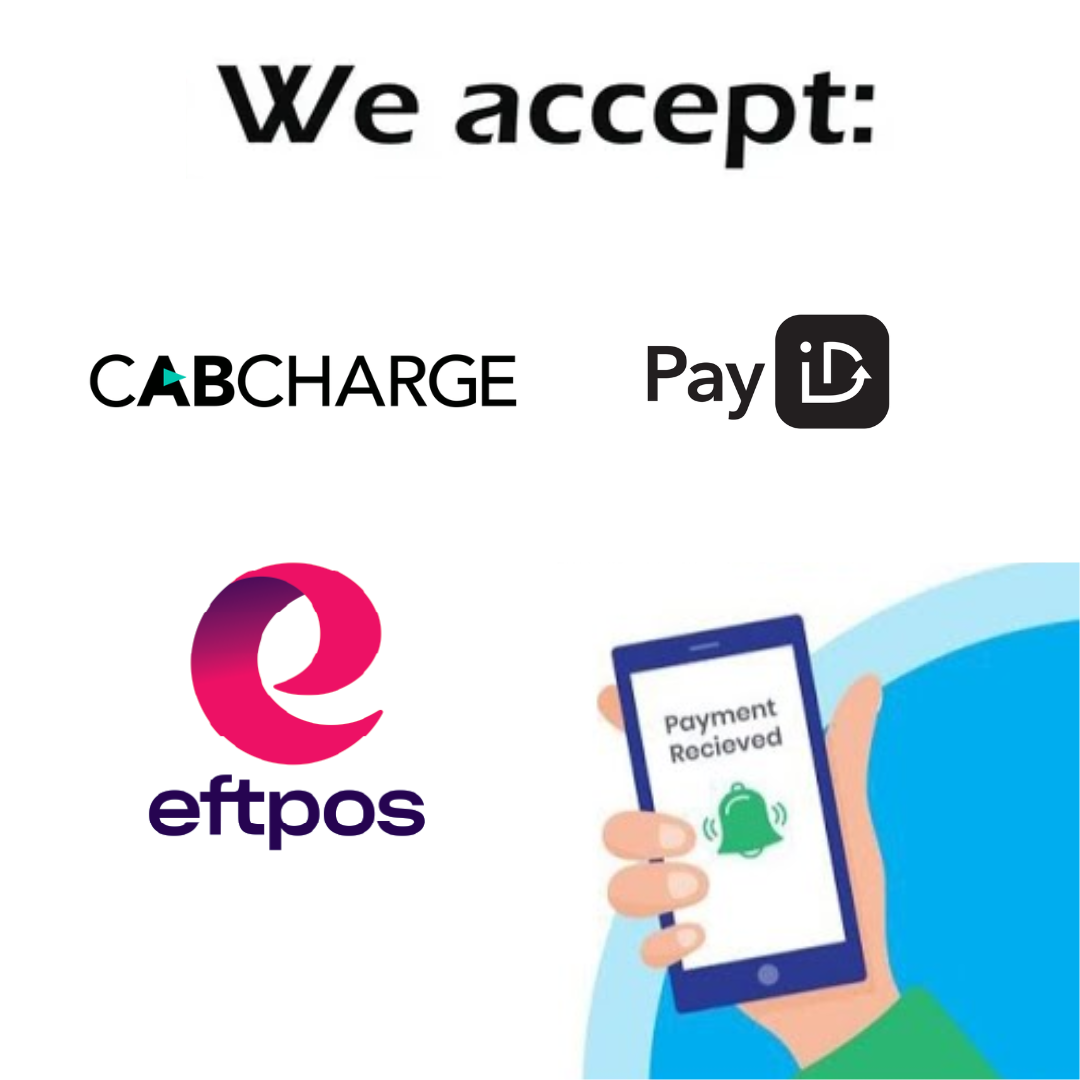 Payments accepted via Cabcharge, PayID, and EFTPOS
